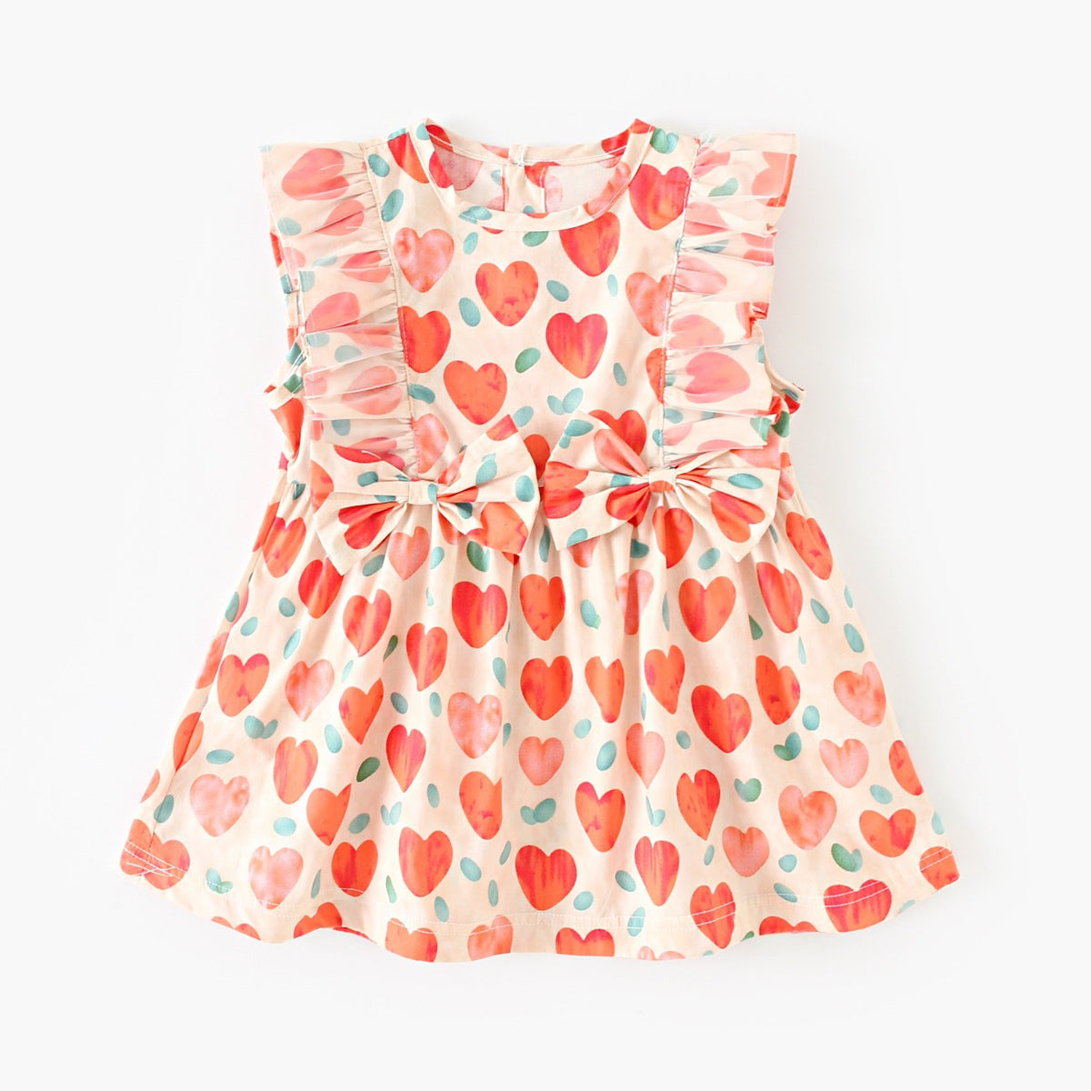 Summer Baby Girls Arrival Heart Pattern Double Bows Sleeveless Crew Neck Dress-1
