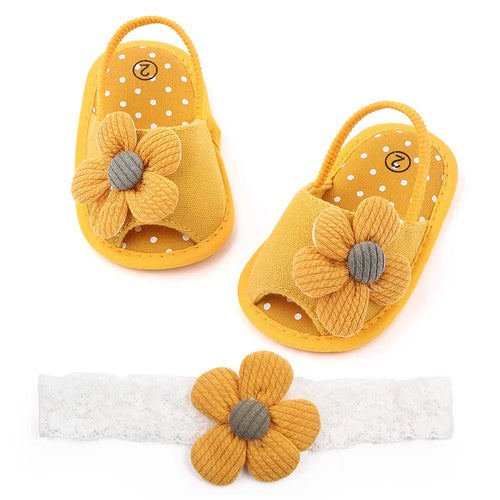 Baby Sandal with Hairband Cute Flower Design Soft Cotton Sandal for