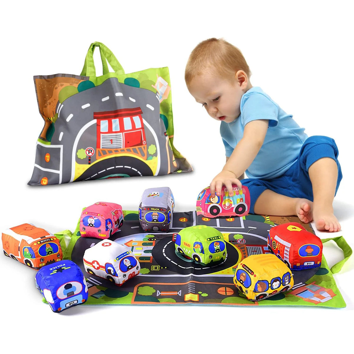 Tapis de jeu avec 9 voitures souples