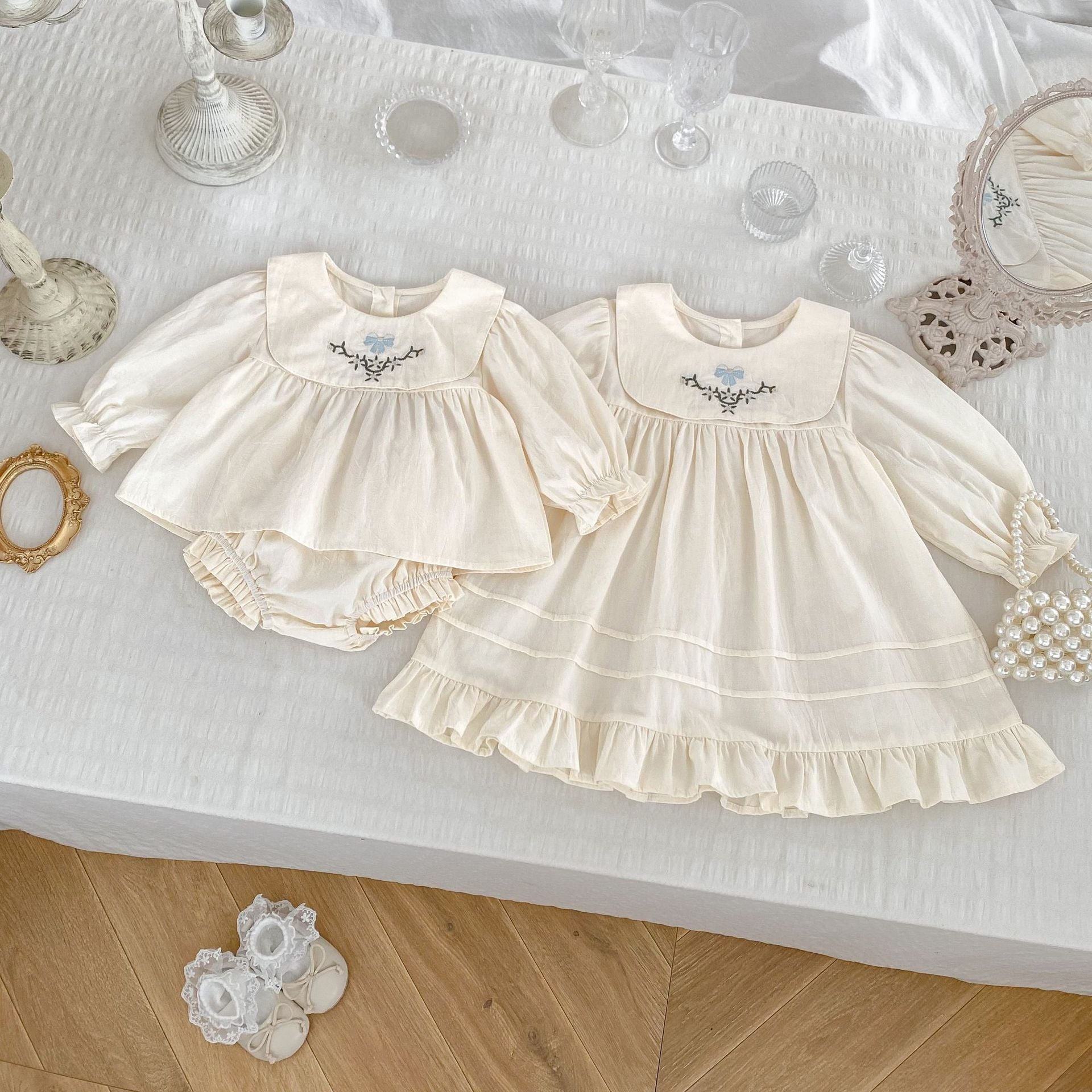 Arrival Autumn Baby Girls Long Sleeves Simple Embroidered Top and Bloomers Clothing Set / Dress-1