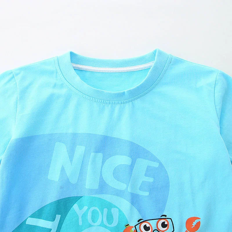 Summer Baby Kids Cartoon Marine Animals Pattern T-shirt and Plain Shorts Casual Clothing Set for Boys