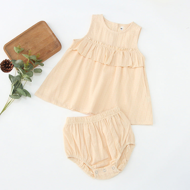 Summer Hot Selling Baby Girls Sleeveless Pleated Solid Color Top Vest Dress And Bloomers Clothing Set