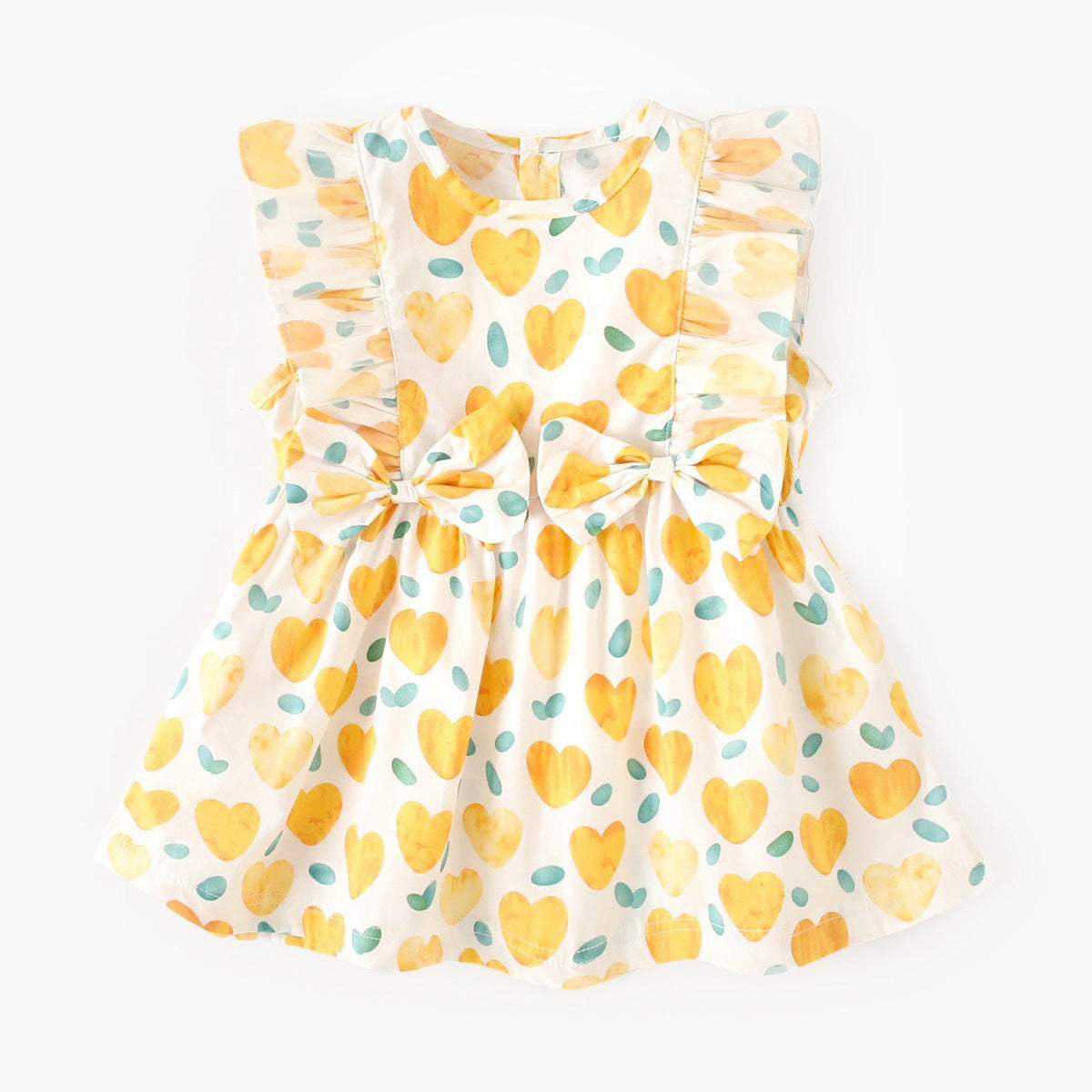 Summer Baby Girls Arrival Heart Pattern Double Bows Sleeveless Crew Neck Dress-2