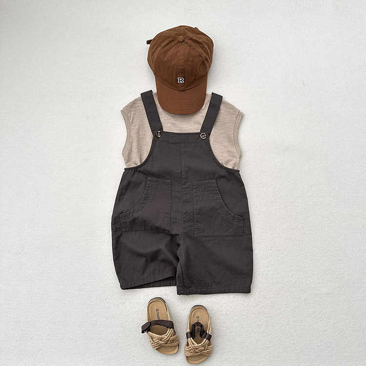 Arrival Summer Baby Kids Unisex Solid Color Cotton Overalls-3