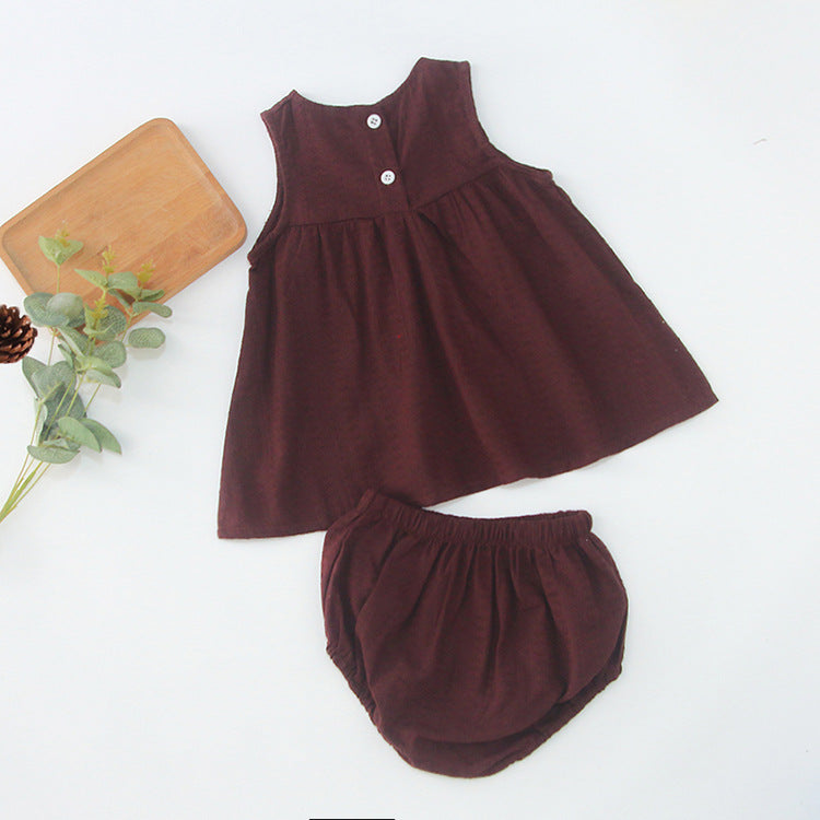 Summer Hot Selling Baby Girls Sleeveless Pleated Solid Color Top Vest Dress And Bloomers Clothing Set