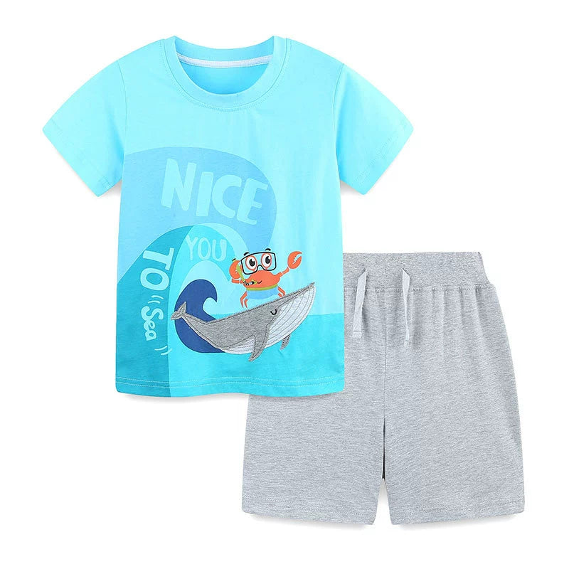 Summer Baby Kids Cartoon Marine Animals Pattern T-shirt and Plain Shorts Casual Clothing Set for Boys