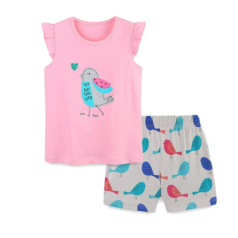 Summer Baby Kids Cute Birds Cartoon Pattern Vest and Shorts Clothing Set for Girls-0