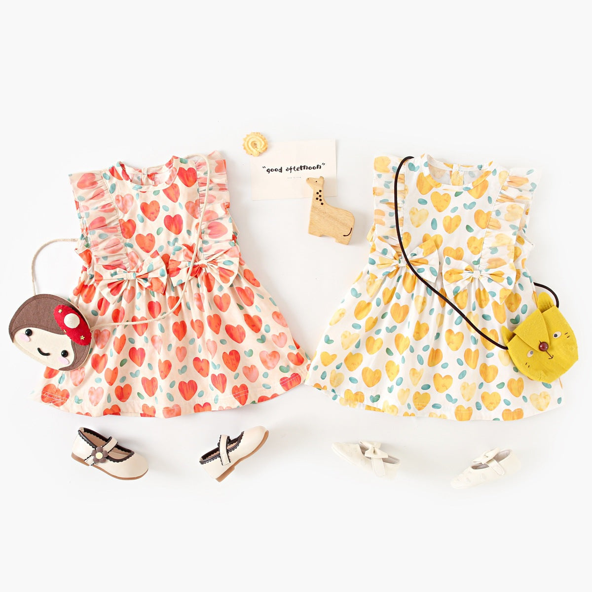 Summer Baby Girls Arrival Heart Pattern Double Bows Sleeveless Crew Neck Dress-0