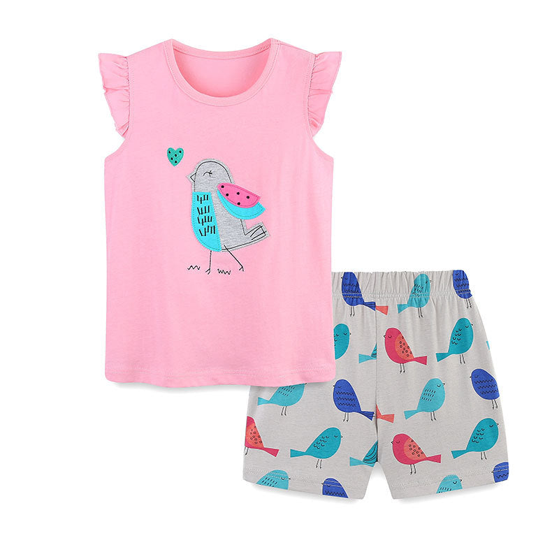 Summer Baby Kids Cute Birds Cartoon Pattern Vest and Shorts Clothing Set for Girls-4